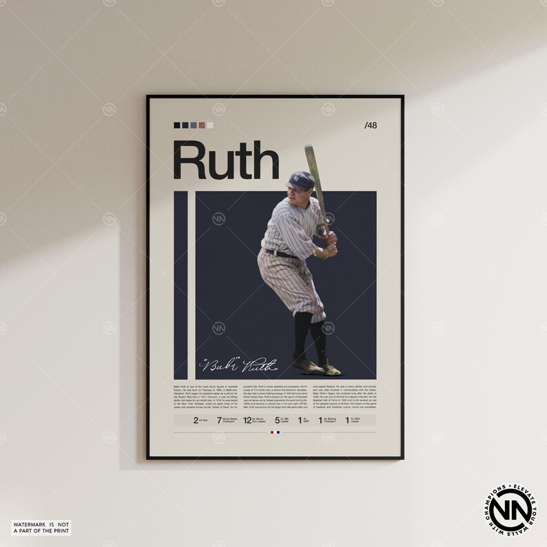 Babe Ruth Poster, New York Yankees, Yankees Print, Baseball Prints, Sports Poster, MLB Poster, Baseball Wall Art, Sports Bedroom Posters image 6