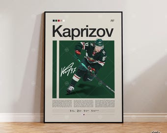 Póster de Kirill Kaprizov, Póster de los Minnesota Wild, Póster de la NHL, Póster de hockey, Póster deportivo, Estilo moderno de mediados de siglo, Pósteres deportivos para dormitorio