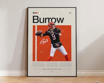 Póster de Joe Burrow, póster de los Cincinnati Bengals, póster de la NFL, póster deportivo, póster de fútbol americano, arte mural de la NFL, pósteres deportivos para dormitorio