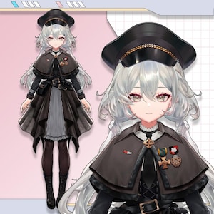 以下が含まれることがあります： 黒い軍服スタイルの制服と、お揃いの帽子をかぶったキャラクターのイラスト。衣装には、ダークケープ、グレーのインナースカートが付いたドレス、黒いブーツが含まれます。キャラクターは長い銀髪で、いくつかのメダルで飾られています。