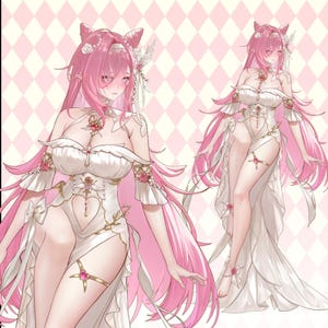 Puede incluir: Ilustración de un personaje con un vestido blanco con detalles dorados y cabello rosado. El vestido presenta un corte en forma de corazón y está adornado con rosas. El personaje tiene orejas de gato y un tocado a juego. El fondo es un patrón de diamantes rosas y blancos.