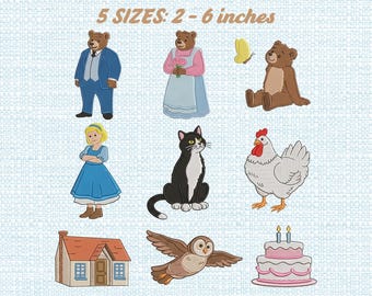 Goldilocks Three Bears Embroidery Design Set, Bear Family Girl Cottage Owl Cat Chicken Cake