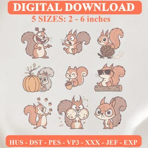 May include: A digital download embroidery design set featuring nine cartoon squirrel illustrations in various poses, including one with a pumpkin, one on a skateboard, and one with sunglasses. Text reads: DIGITAL DOWNLOAD 5 SIZES: 2 - 6 inches HUS - DST - PES - VP3 - XXX - JEF - EXP.