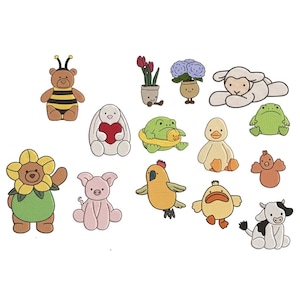 May include: A collection of embroidered patches featuring a bee-costumed bear, a white rabbit with a red heart, a sunflower bear, a pig, a parrot, a duck, a chick, a cow, a lamb, a frog, a frog in a floatie, and two potted plants.