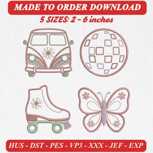 Pastel Groovy Embroidery Icons, Retro 70s Animals, Roller Skates, Disco Ball (Digital Download)