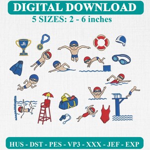 May include: Digital download embroidery design set featuring swimming-themed graphics including swimmers, a lifeguard chair, a trophy, a medal, flippers, goggles, a life ring, a swim cap, a swimsuit, and a diving board, available in 5 sizes: 2 - 6 inches.