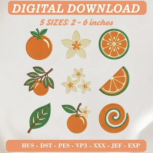 Op de afbeelding: Digitale download borduurontwerp set met sinaasappels, bloesems en bladeren. Inclusief tekst DIGITAL DOWNLOAD, 5 SIZES: 5 - 15 cm, en bestandsformaten HUS, DST, PES, VP3, XXX, JEF, EXP. Negen verschillende grafische iconen met sinaasappelthema.