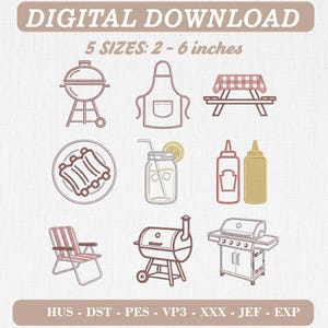 Könnte beinhalten: Ein digitales Stickmuster-Set mit neun Grill-Motiven, darunter ein Kugelgrill, eine Schürze, ein Picknicktisch, Rippchen, Limonade, Saucenflaschen, ein Klappstuhl, ein Smoker und ein Gasgrill, mit dem Text 5 SIZES: 2 - 6 inches.