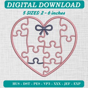 May include: A digital embroidery design featuring a heart-shaped puzzle outline in pink with a dark blue bow at the top and one dark blue puzzle piece at the bottom. The text reads DIGITAL DOWNLOAD and 5 SIZES: 5 - 15 cm with file formats.