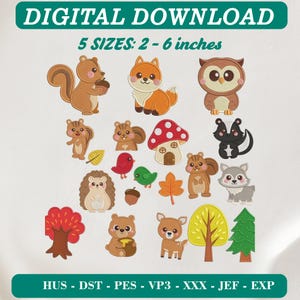 May include: A digital download embroidery design set featuring woodland animals including a squirrel, fox, owl, chipmunk, skunk, hedgehog, bear, and deer, alongside a mushroom, trees, leaves, and an acorn. Text reads DIGITAL DOWNLOAD 5 SIZES: 2 - 6 inches.
