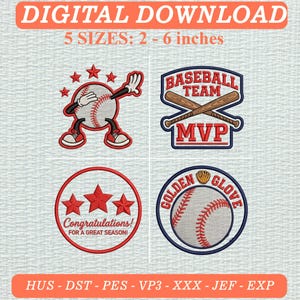 May include: Digital download embroidery designs featuring four baseball-themed graphics: a baseball character with arms and legs, a BASEBALL TEAM MVP emblem with crossed bats, a circular badge with stars and Congratulations text, and a Golden Glove logo.