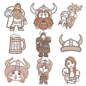 May include: A collection of nine embroidered patches featuring cartoon-style Viking characters, a wooden beer mug, and horned helmets. The designs include bearded warriors, a person holding a mug, and figures with braided hair, all rendered in brown, tan, and muted green tones with thick outlines.