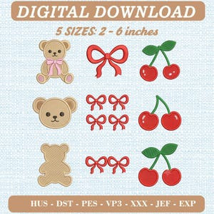 Puede incluir: Conjunto de diseños de bordado digital con un oso de peluche beige con lazo rosa, cabeza de oso, silueta de oso, lazos rojos y pares de cerezas rojas con hojas verdes. Texto: DIGITAL DOWNLOAD, 5 SIZES: 5 - 15 cm, HUS, DST, PES, VP3, XXX, JEF, EXP.