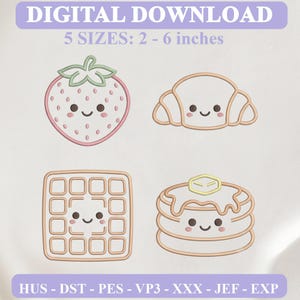 Puede incluir: Conjunto de diseños de bordado de descarga digital con cuatro personajes de comida: una fresa, un croissant, un gofre y una pila de tortitas con mantequilla. Texto: DIGITAL DOWNLOAD, 5 SIZES: 2 - 6 inches, HUS - DST - PES - VP3 - XXX - JEF - EXP.