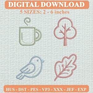 May include: A digital download embroidery design set featuring four line art icons: a sage green coffee mug with steam, a dusty pink tree, a light blue bird, and a dusty pink leaf. The text reads DIGITAL DOWNLOAD, 5 SIZES: 2 - 6 inches, HUS - DST - PES - VP3 - XXX - JEF - EXP.