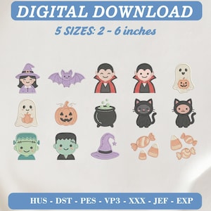 May include: A digital download embroidery design set featuring fifteen Halloween-themed icons including a witch, bat, vampire, ghost, pumpkin, cauldron, black cat, Frankenstein monster, hat, and candy in 5 sizes from 2 to 6 inches.