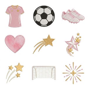 May include: A collection of nine embroidered patches featuring a pink soccer jersey, a black and white soccer ball, white soccer cleats, a pink heart, a gold shooting star, a pink and gold star cluster, gold stars, a soccer goal, and a starburst.