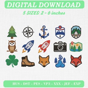 Adventure Embroidery Design Bundle: Pine Tree, Compass, Anchor, Rocket, Camera, Fox (Digital Download)