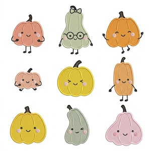May include: A collection of nine embroidered pumpkin patches featuring various shapes and colors including peach, sage green, orange, and yellow. Each pumpkin has a stitched smiling face, rosy cheeks, and thin black limbs, with one wearing glasses.