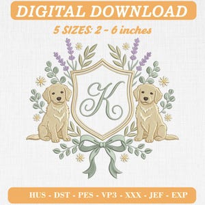 May include: Digital download embroidery design featuring two golden retriever puppies flanking a central shield with the letter K. The design includes lavender sprigs, small white flowers, and a light green ribbon. Text reads: DIGITAL DOWNLOAD 5 SIZES: 2 - 6 inches HUS - DST - PES - VP3 - XXX - JEF - EXP.