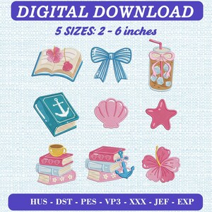 May include: A digital download embroidery design set featuring nine illustrations: an open book with hibiscus flowers, a blue bow, an iced coffee, a teal book with an anchor, a pink seashell, a pink starfish, stacks of books, and a hibiscus flower.