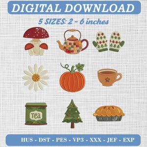 May include: A digital embroidery design set featuring nine icons: a red mushroom, a patchwork teapot, green mittens with tree patterns, a white daisy, an orange pumpkin, a brown mug with a star, a green tea tin, a pine tree, and a pie.