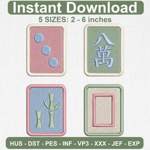 Juego de bordado de fichas de mahjong, 4 iconos de fichas de mahjong premium en negrita para bordado a máquina, PES DST JEF VP3 Descarga instantánea