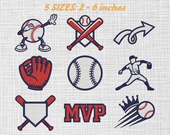 May include: A digital download embroidery design set featuring baseball-themed graphics including a dabbing baseball, crossed bats, a glove, a pitcher, a home plate, the text MVP, and a baseball with a crown. Includes 5 sizes from 2 to 6 inches.