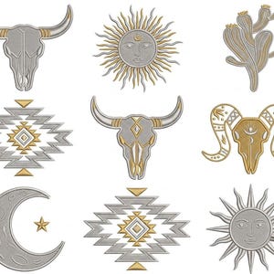 May include: A collection of nine embroidered patches featuring silver and gold thread designs including bull skulls, sun faces, a cactus, geometric diamond patterns, a ram skull, and a crescent moon with a star, all arranged in a three-by-three grid.