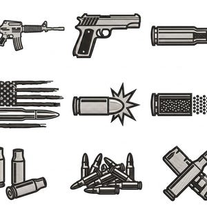 Tactical Rifle Pistol Machine Embroidery Design Digital File, Ammo Bullet Cross Flag Pattern, Military Gun Clipart For Jacket