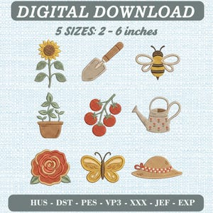Sommergarten-Maschinenstickmuster, Sonnenblume, Biene, Tomatengießkanne (Digitaler Download)