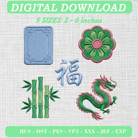 Mahjong Tiles Embroidery Bundle, Clean Refined Icons (Digital Download)