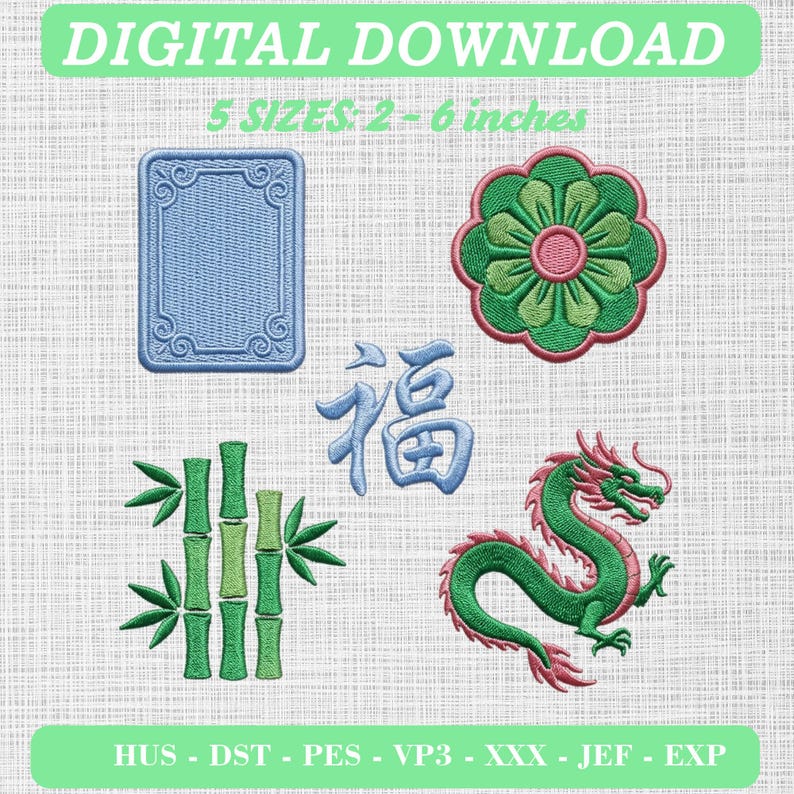 Mahjong Tiles Embroidery Bundle, Clean Refined Icons (Digital Download) image 1