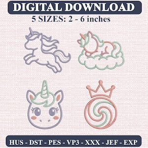 May include: A digital download embroidery design set featuring four unicorn-themed line art graphics. Text reads DIGITAL DOWNLOAD, 5 SIZES: 2 - 6 inches, and HUS - DST - PES - VP3 - XXX - JEF - EXP. The designs include a jumping unicorn, a unicorn on a cloud, a unicorn face, and a crown over a swirl.