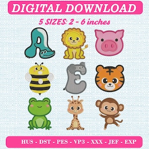 May include: A digital embroidery design set featuring nine animal-themed characters and letters, including a teal alligator letter A, yellow lion, pink pig, bee, gray elephant letter E, tiger, green frog, giraffe, and brown monkey, in 2-6 inches.