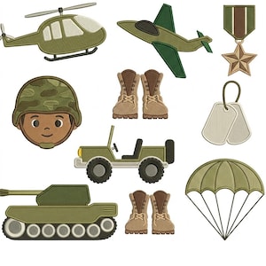 May include: A collection of military-themed machine embroidery designs featuring a green helicopter, a fighter jet, a star medal, a camouflage helmet, tan combat boots, a green jeep, silver dog tags, a green tank, and a green parachute.