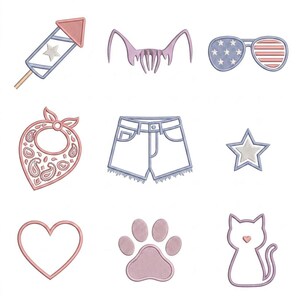 Conjunto de mini iconos de gatos para bordar el 4 de julio, paquete divertido del Día de la Independencia de Meowica (descarga digital)