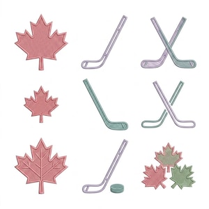 May include: A collection of embroidered patches featuring various designs including pink maple leaves, single ice hockey sticks in purple and teal, crossed hockey sticks, and a hockey puck. The set includes individual leaves and clusters.