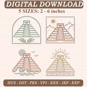 May include: Digital embroidery design file featuring four distinct pyramid illustrations. Text reads: DIGITAL DOWNLOAD, 5 SIZES: 2 - 6 inches, HUS - DST - PES - VP3 - XXX - JEF - EXP. Each pyramid is rendered in line art with varied motifs including leaves, mountains, sun, waves, and rays.