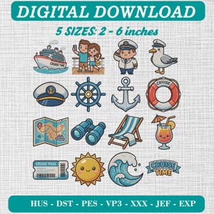 Cruise Vacation Embroidery Design Set: Ship, Captain, Anchor, Map (Digital Download)