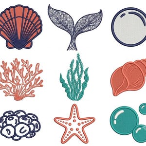 May include: A collection of nine embroidered patches featuring marine life and ocean elements, including a scallop shell, a mermaid tail, bubbles, coral, seaweed, a conch shell, a cluster of rocks, a starfish, and three teal bubbles.