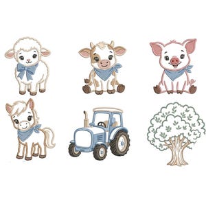 May include: A collection of six embroidered designs featuring a white lamb with a blue bow, a brown and white calf with a blue bandana, a pink piglet with a blue bandana, a white horse with a blue bandana, a blue tractor, and a green leafy tree.
