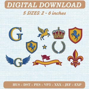 Heraldic Embroidery Clipart Bundle | Monogram G, Pegasus, Crown, Crest (Digital Download)