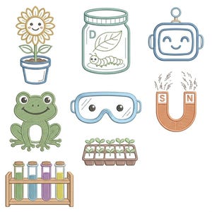 Puede incluir: Una colección de parches bordados que incluye un girasol sonriente en maceta, una oruga en un frasco con la letra D, una cabeza de robot sonriente, una rana verde, gafas de seguridad azules, un imán de herradura con S y N, plántulas y tubos de ensayo.