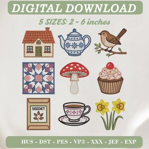 Stickmuster für den Cottage-Garten: Haus, Teekanne, Vogel, Pilz, Cupcake (Digitaler Download)
