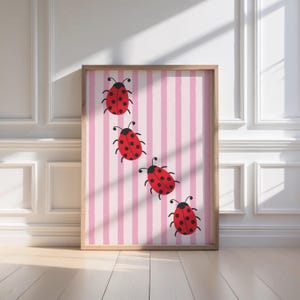 Pink Ladybug Wall Art Print, Cute Stripe Print, Playful Kids Room Decor, Love Bug Poster, Nursery Art, Girls Room Wall Art, Digital Download