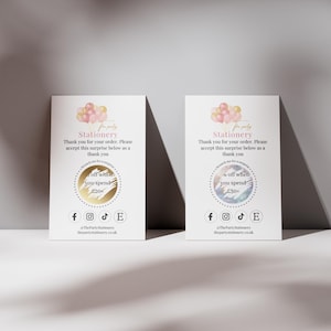 May include: Two white rectangular thank you cards featuring a pink and gold balloon illustration at the top. Each card includes the text The Party Stationery, a scratch-off circle, social media icons, and the website address thepartystationery.co.uk.