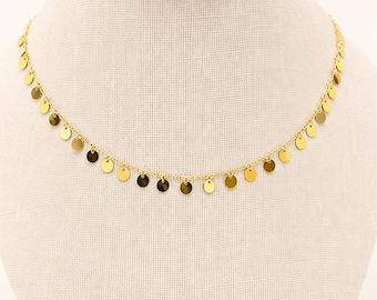 18K Solid Yellow Gold Tiny Disc Dangle Necklace – Adjustable Length Layering Chain