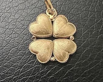 18k Solid Gold Four Heart Leaf Clover Pendant Free 925 Sterling Silver Chain