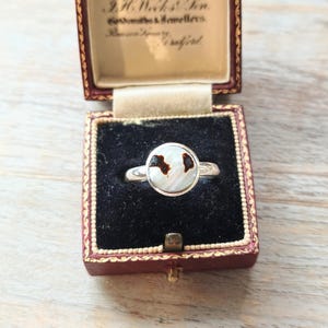 May include: A silver ring featuring a round, iridescent white stone with two distinct dark brown, irregular spots on its surface. The ring is displayed inside a vintage, square-shaped, dark red velvet-lined jewellery box with gold-coloured trim.